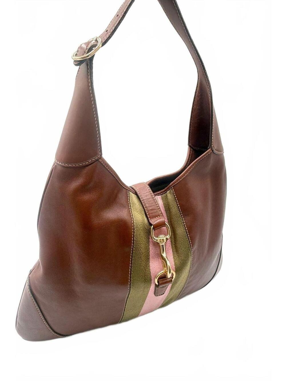 Gucci Vintage Large Jackie O Bouvier Hobo Bag Brown Leather Pink Green Stripe - Picture 2 of 16